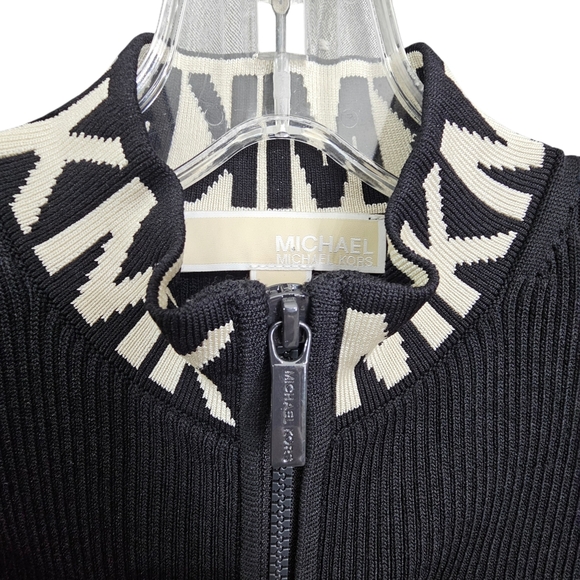 Nwot Michael Kors Black Ribbed Knit MK Logo Neckline Shortsleeve Zipfront Dress - Picture 7 of 17